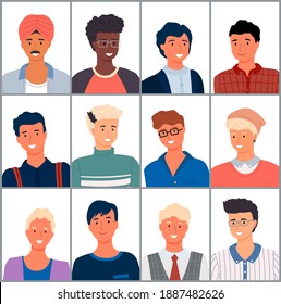 Set of people different nationalities. Close-up of young men. Arabs, Europeans, Africans. Modern young people. Avatar characters isolated on white, large characters collection. Flat vector image