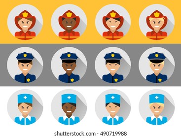 Set of people of different nationalities police, fireman, doctor. Icons profession in a flat style.