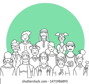 A set of people of different nations, religions, generations, social status, various age, jobs standing together forming a crowd, vector flat style cartoon illustration isolated - Vector