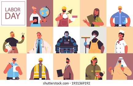 Set People Of Different Occupations Celebrating Labor Day Mix Race Men Women Portraits Collection Horizontal Vector Illustration