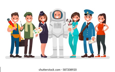 Set of people of different occupations plumber, painter, stewardess, astronaut, veterinarian, postman, coach. Vector illustration in a flat style