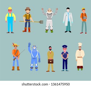 Set of people of different occupations  with professional uniform - construction worker, farmer, doctor, cook, policeman, astronaut. Flat design vector 