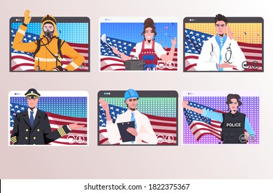 establecer personas de diferentes ocupaciones con banderas de EE.UU. feliz celebración del día del trabajo autoaislamiento concepto de comunicación en línea navegador web windows colección vertical horizontal ilustración vectorial
