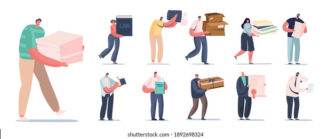 Set of People with Different Papers. Male and Female Characters Holding Pile of Waste Paper, Carton Boxes and Books, Certificate Document Isolated on White Background. Cartoon Vector Illustration