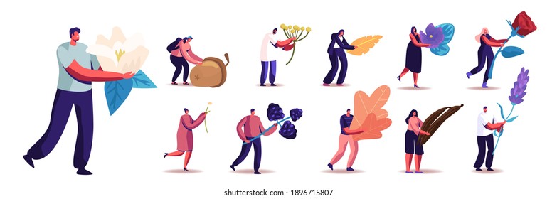 Set of People with Different Plants. Male and Female Characters Holding Berries, Flowers and Seeds, Acorn, Vanilla Sticks and Lavender Blossom Isolated on White Background. Cartoon Vector Illustration