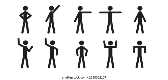 a set of people with different poses and gestures, icons of a human figure, a pictogram of a human silhouette waving his arms