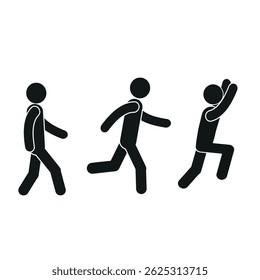  a set of people in different poses, a man walking, running, jumping, pictogram, stick, isolated man on a white background, flat vector illustration