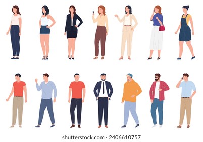 Set of people in different poses. Men and women stand and walk. Vector illustration