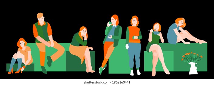 Set of people in different poses. Office workers on a break. Snack, rest. Women, man. Characters for the design project. Vector flat illustration.