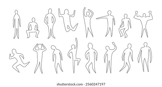 Set of people in different poses in outline style. Architectural people design element. Person stands, sits, jumps, points, runs, raises hands, walks. Vector illustration