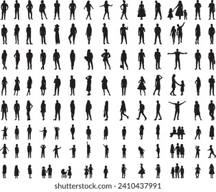 conjunto de personas en diferentes poses, siluetas, vectores