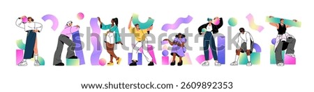 Set of people in different poses with various gradient geometric shapes. Happy men and women stand, hold abstract forms. Diverse characters carry figures. Flat isolated vector illustrations on white.