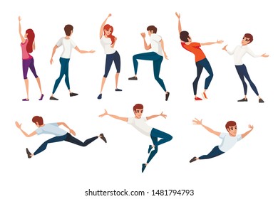Set of people in different poses wearing casual clothes cartoon character design flat vector illustration isolated on white background