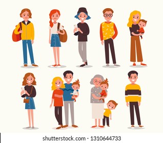 Set of people in different poses. Young happy family with a little child. Father holding his son in arms.