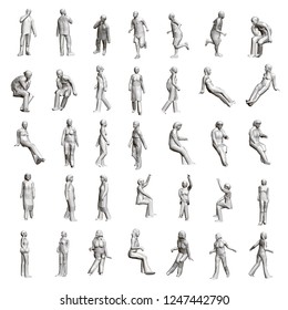 Set with people in different positions. 3D models of women, men and children in various poses. Vector illustration.