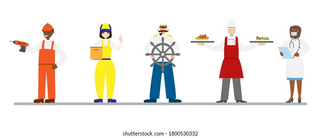 Set with people of different professions. Builder, delivery man, sailor, cook, doctor. Labor day.