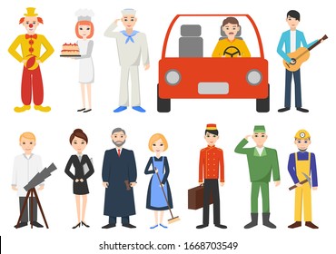 Conjunto de personas de diferentes profesiones. Caracteres aislados en un fondo blanco. Diseño plano. Ilustración vectorial.