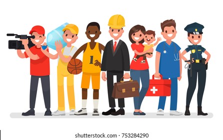 Set of people of different professions. Engineer, nanny, sportsman, cameraman, loader, ambulance, police woman. Vector illustration in a flat style