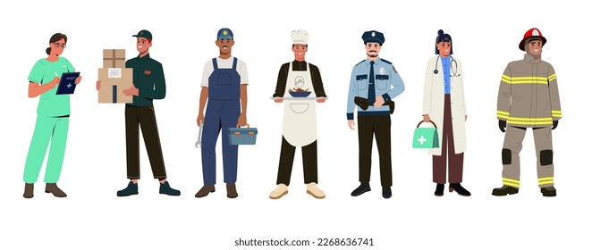 Conjunto de personas de diferentes profesiones. Hombres y mujeres con uniforme de médico, enfermera, bombero, cocinero, policía, mensajero y plomero. Trabajo u ocupación. Colección vectorial plana de dibujos animados aislada en blanco