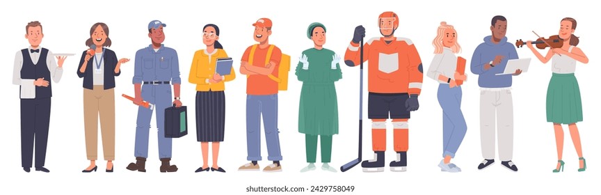 Conjunto de personas de diferentes profesiones. Hombres y mujeres en uniforme de cuerpo entero sobre un fondo blanco. Camarero, profesor, repartidor, programador, fontanero. Ilustración vectorial en estilo plano