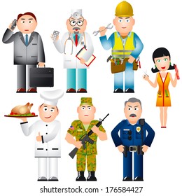 Set of people of different professions (occupations); Businessman, doctor, worker, cook, police officer, soldier and hairdresser