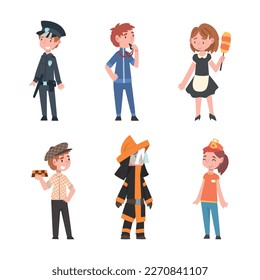 Set of people different professions. Policeman, coach, maid, taxi driver, firefighter, salesman cartoon vector illustration