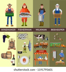 Set of people of different professions together with its products: winemaker, fisherman, milkman and beekeeper. Vector illustration isolated on white background