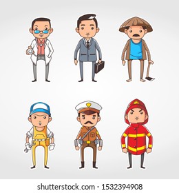 set of people with different proffesion wearing their uniform, there are doctor, businessman, farmer, mechanic, policeman, firefighter cartoon style. flat design vector illustration