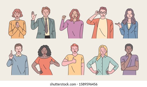 Set of people of different races taking various gestures. flat design style minimal vector illustration.