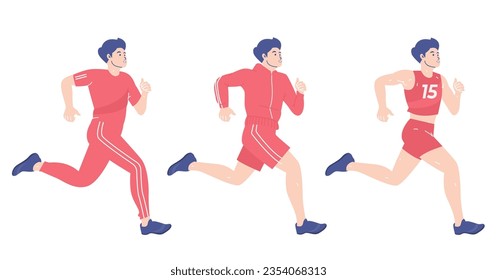 Grupo de personas con diferentes equipos de carreras para entrenamiento de competición, hombres con carreras de casaca deportiva, ropa deportiva para correr y correr competición con un fondo blanco aislado, ilustración plana hombre corriendo