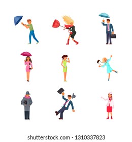 Set of people in different seasons and weather. Windy for autumn, snowy and cold for winter, rainy for spring and hot is summer. Flat Art Vector illustration