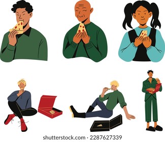 Set of people in different situations eat pizza . Vector illustration in cartoon style.