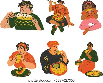 Set of people in different situations eat pizza . Vector illustration in cartoon style.