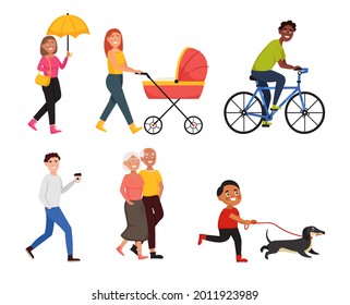 Set of people in different situations. Men and women in urban lifestyle. Walking people.  Cartoon characters. Vector illustration