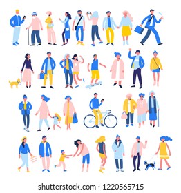 Conjunto de personas en diferentes situaciones - caminar, usar smartphone, montar en bicicleta, relajarse. Grupo de personajes masculinos y femeninos de estilo plano aislados en fondo blanco. Actividad al aire libre.