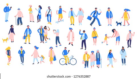 Set of people in different situations - walk, use smartphone, ride bike, relax. Group of male and female characters in flat style isolated on white background. Outdoor activity.