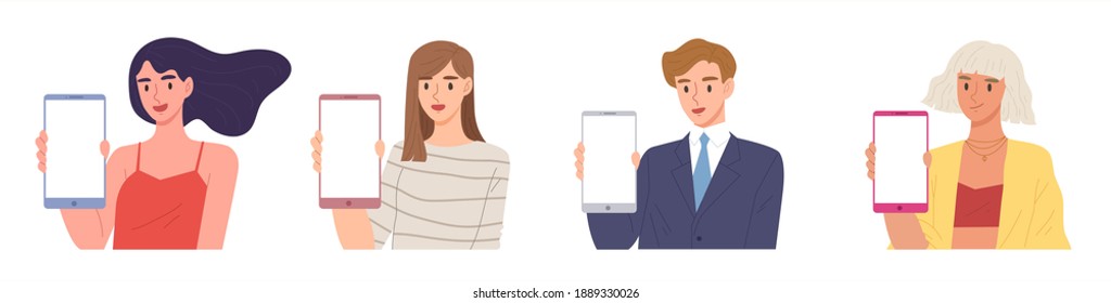 Set of people in different style holding blank smartphone and showing. Concept of advertising, application, digital marketing, business, technology and lifestyle. Flat vector illustration character.
