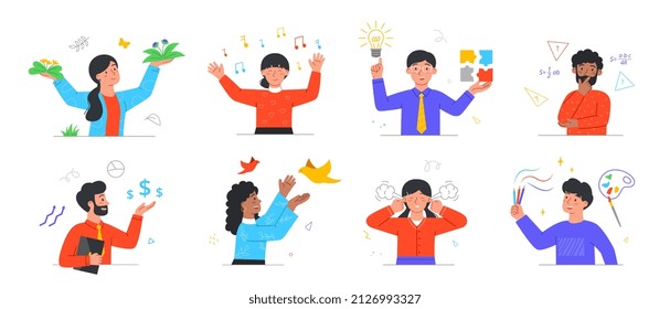 Set of people with different thoughts and feelings. Happy, sad and dreamy people with good and bad mood, problems and mental health. Cartoon flat vector collection isolated on white background