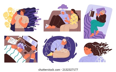 Set of people in difficult situations, experiencing negative emotions, heartache and life difficulties