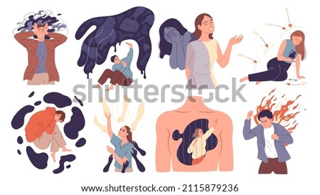 Set of people in difficult situations, experiencing negative emotions, heartache and life difficulties