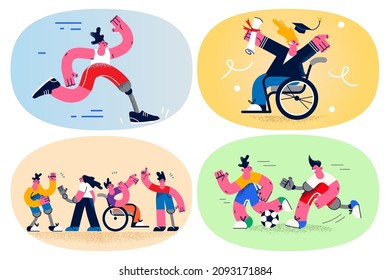 Set Of People With Disabilities Achieve Sport Or Education Goal. Collection Of Men And Women With Physical Disability Live Normal Full Life. Equality And Diversity. Flat Vector Illustration. 