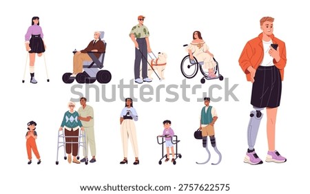 Set of people with disabilities. Diverse men, women and kids are blind, with health problems and diseases. Characters with equipment- wheelchair, prothesis. Flat isolated vector illustrations on white