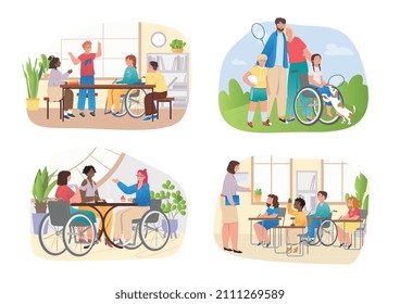 Set of people with disabilities in public place. Society with opportunities for inclusion of people in wheelchairs. Tolerance and care. Cartoon flat vector collection isolated on white background