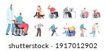 Set of People with Disability. Male and Female Characters Riding Wheelchair and Walking with Crutches, Blind Man with Guide Dog, Invalids Isolated on White Background. Cartoon Vector Illustration