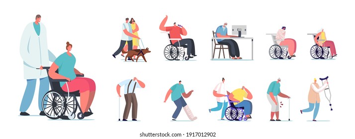 Set of People with Disability. Male and Female Characters Riding Wheelchair and Walking with Crutches, Blind Man with Guide Dog, Invalids Isolated on White Background. Cartoon Vector Illustration