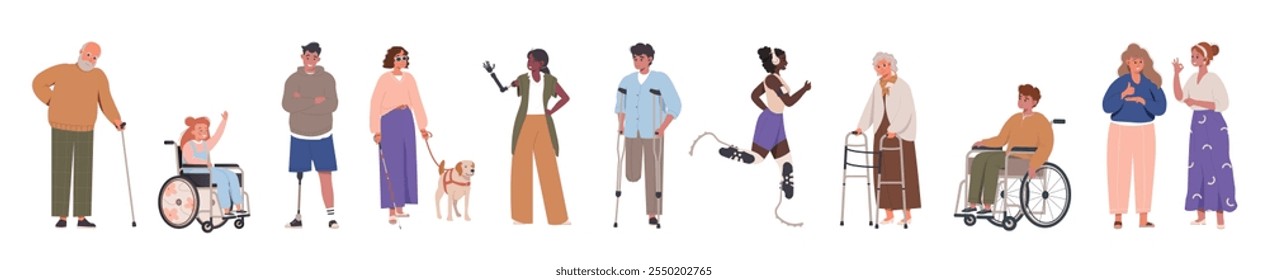 Conjunto de pessoas com deficiência juntas. Coleção inclusiva pessoas vetor desenhos animados planos ilustração. Dia Mundial da Deficiência. Homens e mulheres em cadeira de rodas, cegos, pessoas com próteses, bengalas.