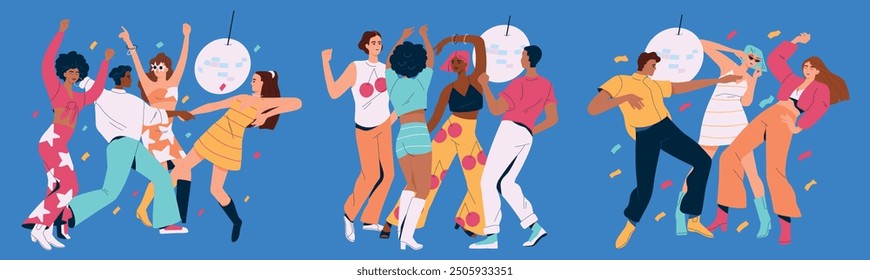 Set of people at disco party. Crowd of happy men and women in retro clothes dancing at disco. Hangout at nightclub. Friends have fun and celebrate. Flat vector illustration isolated on background