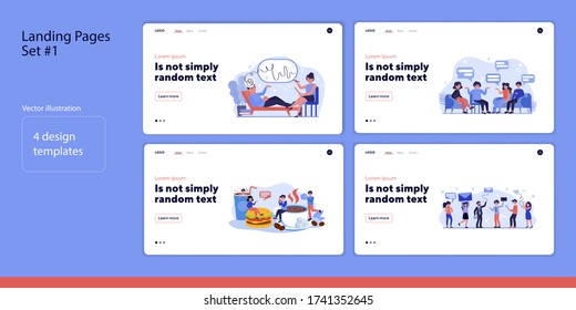 Set of people discussing issue. Flat vector illustrations of men and women solving problem, eating together, sending mail. Communication concept for banner, website design or landing web page