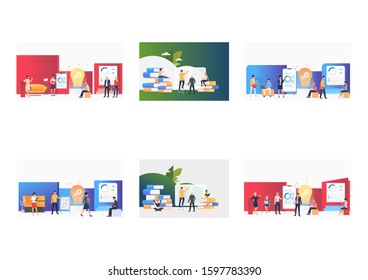 Set of people discussing presentation, getting education. Flat vector illustrations of workers attending business training. Business training concept for banner, website design or landing web page