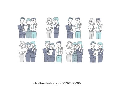 A set of people discussing while looking at materials Comical handwritten person Vector, line drawing and color